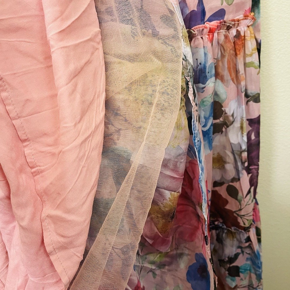 Francesca's Audrey Parks Alahna Floral Maxi Dress Pink Tie Strap Fairy Tutu Sz S - Picture 7 of 16